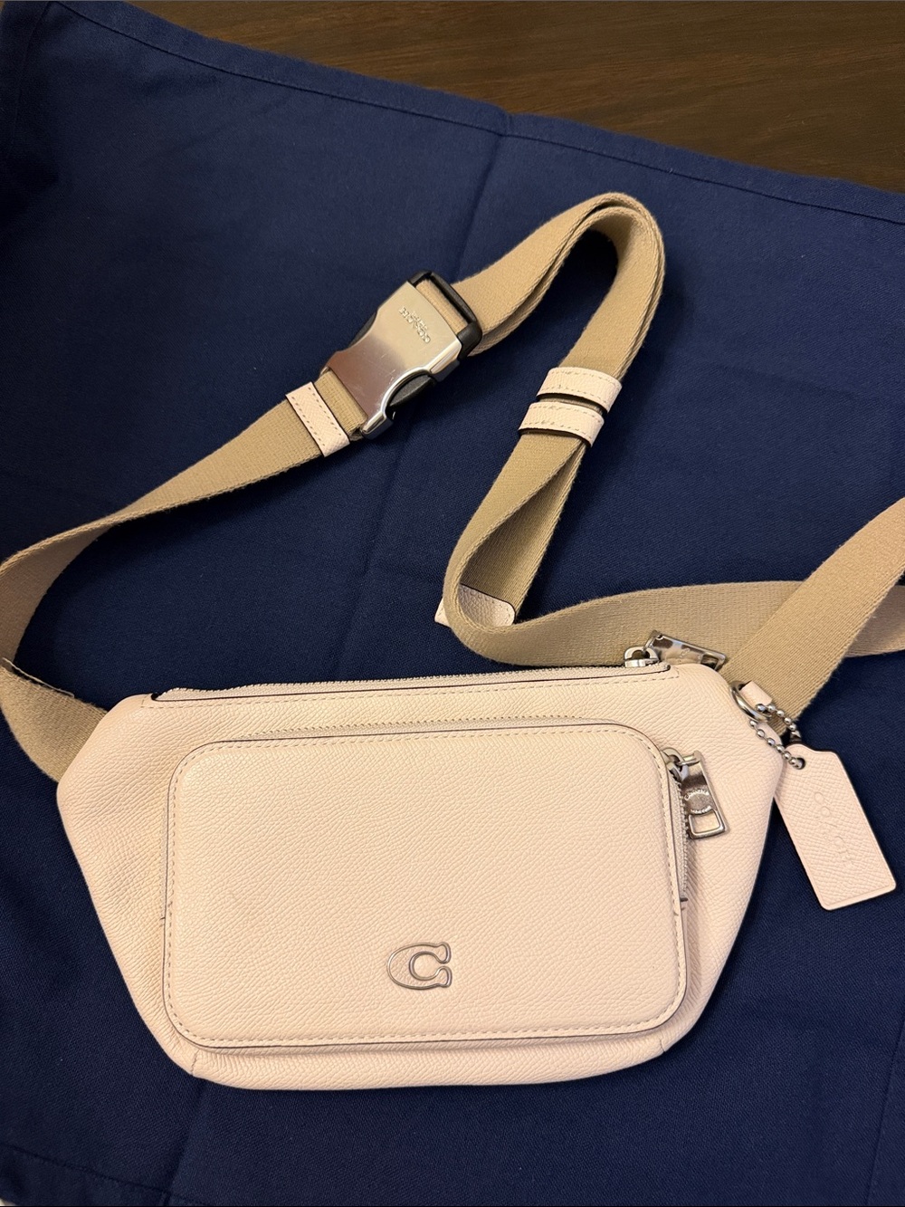 Coach Light Pink Pebbled Leather Belt Bag with Tan Strap